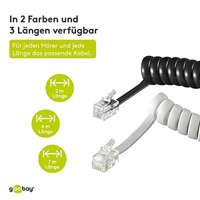 Goobay 68002 telefoonkoptelefoon spiraalkabel, platte kabel met RJ10-stekker (4P4C) naar RJ10-stekker (4P4C); zwart; 4 meter