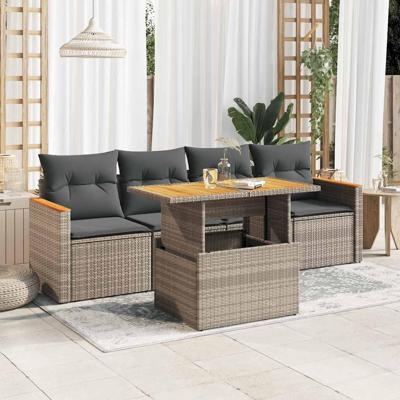 5-delige Loungeset met kussens poly rattan acacia grijs