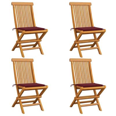 Tuinstoelen 4 st met wijnrode kussens massief teakhout
