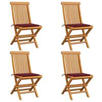 Tuinstoelen 4 st met wijnrode kussens massief teakhout - thumbnail