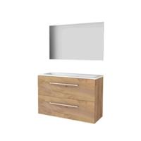 Basic-Line Ultimate 39 Badkamermeubelset - Ondiep - 100 x 39 cm - Met Grepen - 2 Lades - Acryl Wastafel - 2 Kraangaten - Spiegel met Indirecte LED Verlichting - Whisky Oak - thumbnail