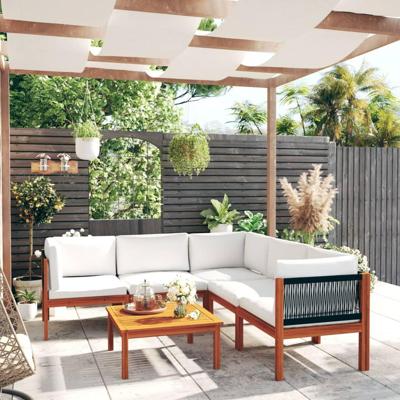 6-delige Loungeset met kussens massief acaciahout crèmekleurig