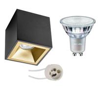 Opbouwspot Set - Pragmi Cliron Pro - GU10 Fitting - Opbouw Vierkant - Mat Zwart/Goud - Verdiept - 90mm - Philips - MASTER 927 36D VLE - 4.9W - Warm Wit 2200K-2700K - DimTone Dimbaar - thumbnail