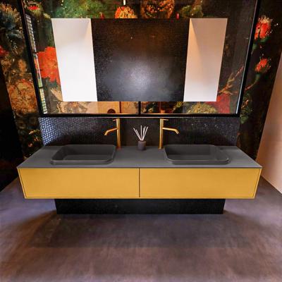 Badkamermeubelset Mondiaz Erin 200 cm met 2 Lades met RIDGE Wastafel Dubbel Dark grey met 2 kraangaten Greeploos Mat Ocher Badkamermeubelset Mondiaz Erin 200 cm met 2 Lades met RIDGE Wastafel Dubbel Dark grey met 2 kraangaten Greeploos Mat Ocher
