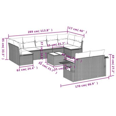 10-delige Loungeset met kussens poly rattan zwart - thumbnail