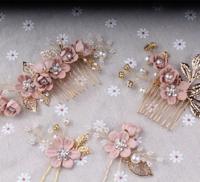 Mode bloem haar kammen hoofdtooi Prom Bridal Wedding haaraccessoires bladgoud haar juwelen haar pinnen (roze sets) - thumbnail