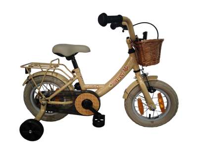 Bikefun Kinderfiets girly 12 inch - met mandje, zijwieltjes en remnaaf - goud