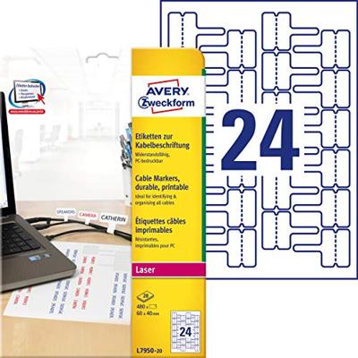 Avery-Zweckform L7950-20 Kabeletiketten 60 x 40 mm Polyester folie Wit 480 stuk(s) Permanent hechtend Laser (zwart/wit), Handschriften