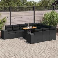 10-delige Loungeset met kussens poly rattan acacia zwart - thumbnail