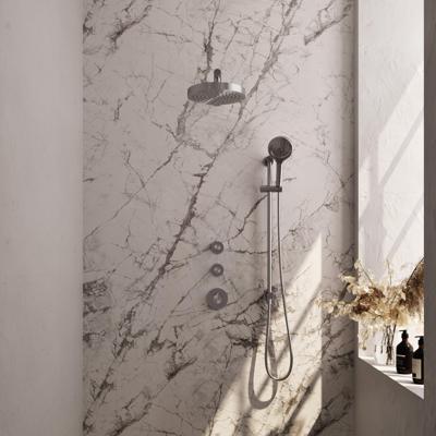 Brauer Stripe thermostatische inbouw regendouche SET 10 met 25 cm douchekop en rechte muurarm en 3-standen handdouche en doucheslang en geintegreerde glijstang RVS-kleurig geborsteld PVD