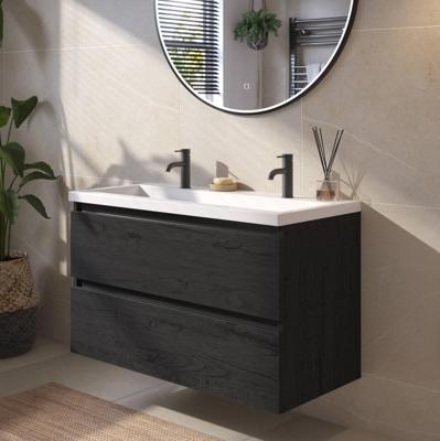 Saqu Gaia badmeubel incl. glans witte wastafel met 2 kraangaten 100x52x64cm eiken zwart - zwarte greeplijst