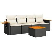 5-delige Loungeset met kussens poly rattan zwart - thumbnail