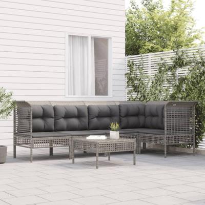 6-delige Loungeset met kussens poly rattan grijs