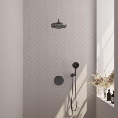 Brauer Stripe thermostatische inbouw regendouche 3-weg rond SET 41 met 25 cm douchekop en gebogen muurarm en 3-standen handdouche en doucheslang en wandaansluitbocht gunmetal geborsteld PVD