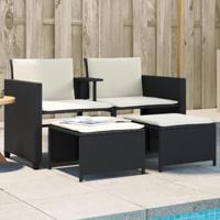 Tuinbank 2-zits met tafel en voetenbanken poly rattan zwart - thumbnail