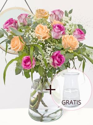 Gemengd rozenboeket roze-zalm + gratis glasvaas Evita