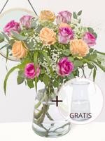 Gemengd rozenboeket roze-zalm + gratis glasvaas Evita - thumbnail