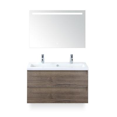 Vogue Badmeubelset 100 cm - Greeplijst in kleur - Tabacco - Keramische Wastafel Wit 2 kraangaten - met Sence Spiegel