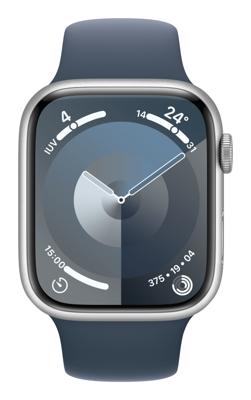 Apple Watch Series 9 (GPS 45 mm) Smartwatch - Kast van zilverkleurig aluminium - Stormblauw sportbandje M/L. Conditie bijhouden, Saturatie-app en Ecg-app, Always-on Retina-display, waterbestendig