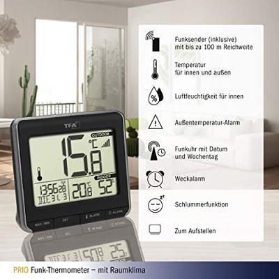 TFA Dostmann PRIO Draadloze thermometer digitaal Zwart, Wit - thumbnail