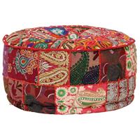 Poef patchwork rond handgemaakt 40x20 cm katoen rood - thumbnail