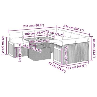 9-delige Loungeset met kussens poly rattan acacia grijs