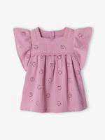 Blouse van katoengaas met geborduurde bloemen zachtpaars - thumbnail