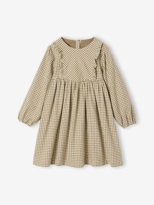 Meisjesjurk met ruches en vichyruiten olijf