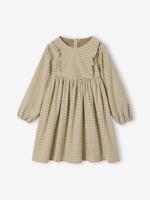 Meisjesjurk met ruches en vichyruiten olijf - thumbnail