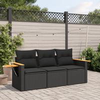 3-delige Loungeset met kussens poly rattan zwart - thumbnail