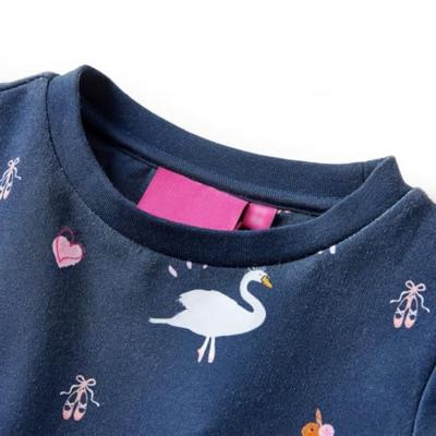 Kinderjurk met lange mouwen zwanenprint 116 marineblauw - thumbnail
