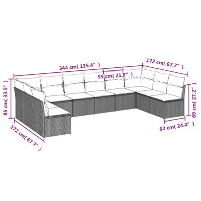 10-delige Loungeset met kussens poly rattan zwart - thumbnail