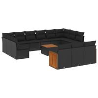 14-delige Loungeset met kussens poly rattan zwart - thumbnail
