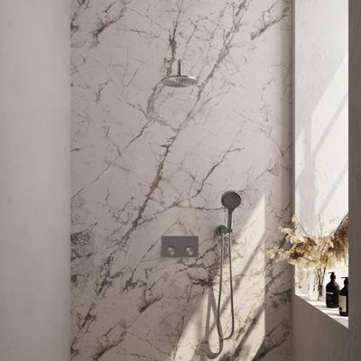 Brauer Brushed Carving Thermostatische Regendoucheset Inbouw - Hoofddouche 20 cm - Gebogen Wandarm - Met Drukknoppen - Handdouche 3 Standen - Doucheslang - Wandaansluitbocht - Rvs