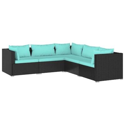 5-delige Loungeset met kussens poly rattan zwart