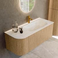 Mondiaz KURVE-DLUX 115 cm Onderkast Greeploos 1 Lade Met Deuren Oak, Wastafel Solid Surface Rechts Ostra 1 Kraangat Zonder Spiegel (KRVBGS115L1L1D1KR-Oak/Ost) - thumbnail
