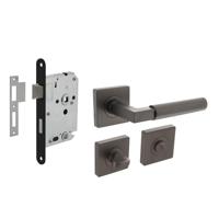 Intersteel Deurbeslag Set Toiletslot 63/8mm Zwart Met Deurkruk Baustil en WC-Sluiting Antraciet Grijs - thumbnail