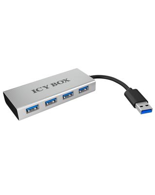 ICY BOX IB-AC6104 4-voudige USB 3.0 hub, geïntegreerde USB-kabel, aluminium, zilver/zwart