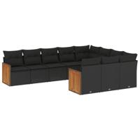 10-delige Loungeset met kussens poly rattan zwart - thumbnail