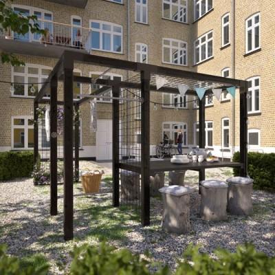 Moderne Pergola Hout Met Tafel, Fitness en Waslijnen Moderne Pergola Hout Met Tafel, Fitness en Waslijnen