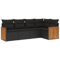 5-delige Loungeset met kussens poly rattan zwart - thumbnail