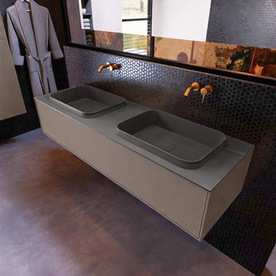 Badkamermeubelset Mondiaz Erin 150 cm met 1 Lade met RIDGE Wastafel Dubbel Dark grey Zonder Kraangaten Greeploos Mat Smoke Badkamermeubelset Mondiaz Erin 150 cm met 1 Lade met RIDGE Wastafel Dubbel Dark grey Zonder Kraangaten Greeploos Mat Smoke