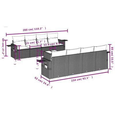 9-delige Loungeset met kussens poly rattan grijs