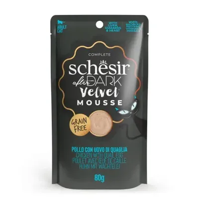 Schesir After Dark, smaak kip met kwarteleitjes, Velvet Mousse, compleet natvoer voor volwassen katten, 12 zakjes à 80 g