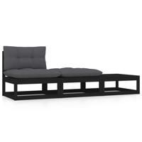 3-delige Loungeset met kussens massief grenenhout zwart - thumbnail