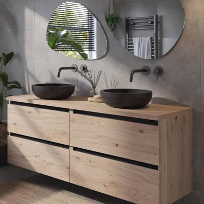 Saqu Gaia badmeubel incl. natuurstenen waskommen 160x51x74cm naturel eiken - zwarte greeplijst