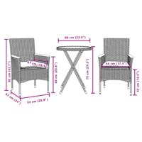 3-delige Bistroset met kussens poly rattan en acaciahout grijs - thumbnail