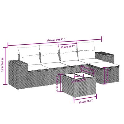 5-delige Loungeset met kussens poly rattan zwart