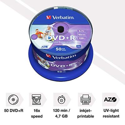 Verbatim DVD + R 4.7GB - 16x brandsnelheid, bedrukbaar, 50 Pack Spindle