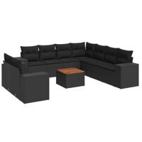 10-delige Loungeset met kussens poly rattan zwart - thumbnail